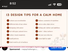 a screen shot of a cell phone with the text 13 design tips for a calm home