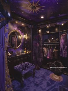 a closet with purple walls and flooring, decorated in an elaborate fashion theme is lit up by lights