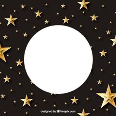 gold stars surrounding a white circle on a black background with space in the middle for text