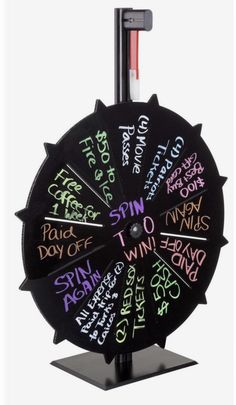 a spinning wheel with words written on the front and sides, all in different colors