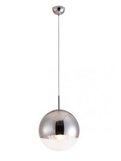 a chrome ball light hanging from a ceiling