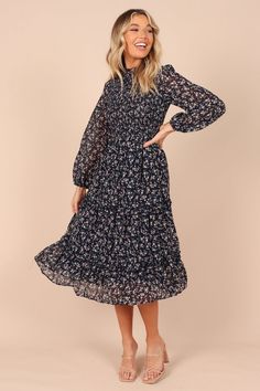 Edwina Shirred Frill Long Sleeve Midi Dress - Navy Floral - Petal & Pup USA Petal And Pup, Usa Dresses, Navy Midi Dress, Dresses By Length, Long Sleeve Midi, Long Sleeve Midi Dress, Navy Floral, Spring Dresses, Winter Dresses