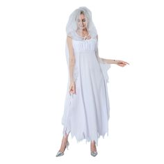 a woman dressed in a white ghost costume with veil and shoes, holding out her hand