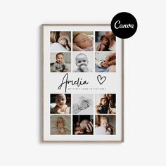 a baby's birth announcement card with photos and the words anaia on it