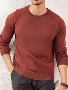 Men's Solid Color Plain Crew Neck Raglan Sleeve Long Sleeve Casual Knit Pullover Sweater, Fall & Winter, For Going Out, Husband Brown Casual  Long Sleeve Knitwear Plain Pullovers High Stretch  Men Clothing, size features are:Bust: ,Length: ,Sleeve Length: Smocked Skirt, Color Plain, Knitwear Men, Knit Pullover, Knitted Pullover Sweaters, Fall Sweaters, Men Clothing, Long Sleeve Casual, Knitted Pullover