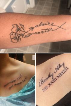 three different tattoos with names on them and one has a cross in the middle that reads,