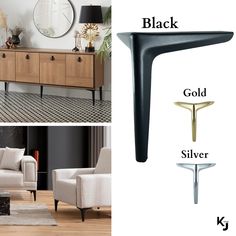 a living room with black, gold, silver and white furniture in different styles on display