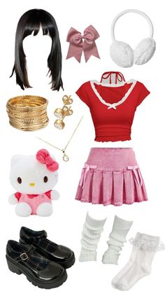 an assortment of clothes and accessories for a doll