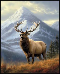 a painting of an elk standing on top of a grass covered hill with mountains in the background