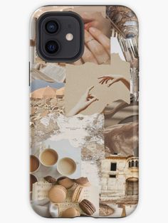 an iphone case with many different pictures and words on it, including hands holding something