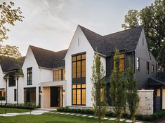 a row of white houses sitting next to each other on top of a lush green field