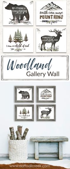 an advertisement for the woodland gallery wall is displayed in front of a wooden bench