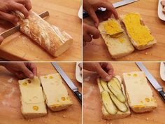 there are four pictures of making bread with cheese and pickles on the cutting board