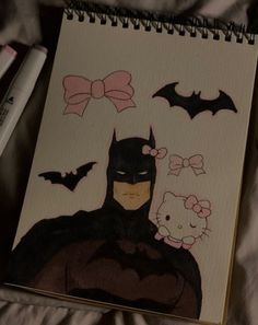 a drawing of a batman and hello kitty