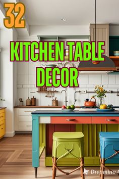 the kitchen table is decorated with colorful stools