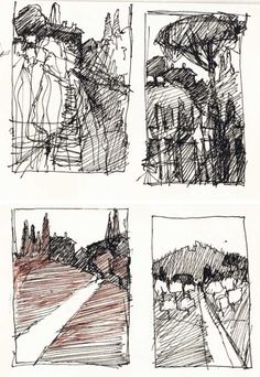 four different sketches of trees and buildings