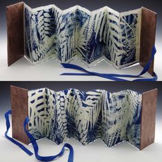 two photographs of an open book with blue ribbon on the bottom and inside, one is made out of paper