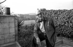 an old man wearing glasses and a bow tie is sitting on some steps in front of a hedge