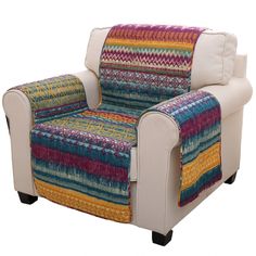 a white chair with multicolored fabric on the armrests and back rest