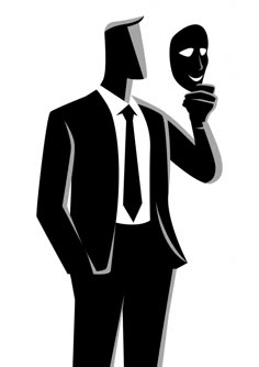 a man in a suit and tie holding a mask