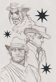 three men with hats and stars on their heads are shown in this black and white drawing