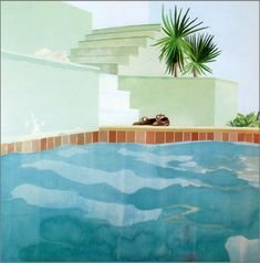 a painting of a pool with palm trees in the background