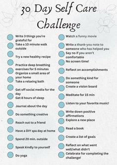 #SelfCareEssentials
#WellnessJourney
#MindfulLiving
#SelfCareSunday
#PrioritizeYourself
#TreatYourself
#MentalWellness
#InnerPeace
#SelfLoveRoutine
#HealthyMindBody Self Care Challenge, Check Box, Self Care Bullet Journal, Creating A Vision Board, Journal Writing Prompts, 30 Day Challenge, Mental And Emotional Health, Self Care Activities, Self Care Routine