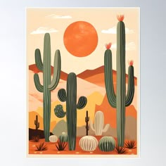 a desert scene with cacti and mountains in the background, including a large orange sun