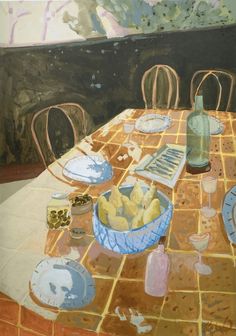 an oil painting of a table with food on it