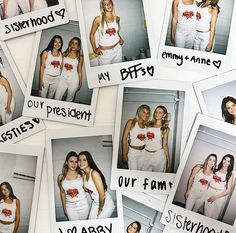 several pictures of women in white outfits with red flowers on them and the words sisterhood written on them