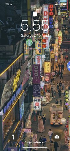 an image of a city street with people walking on it and the text 5 55 saturday to applix