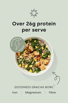 a white bowl filled with food on top of a green background and the words over 26g protein per serve