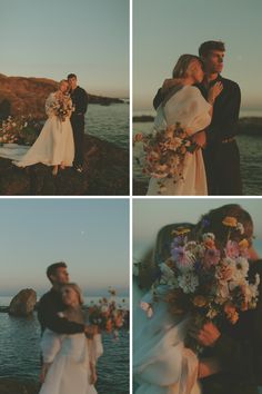 a couple standing next to each other on top of a rocky cliff near the ocean