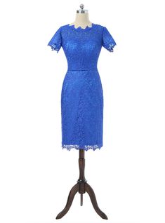 a blue dress on a mannequin with an open back and short sleeves,