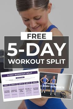 The ultimate 5-Day Workout Split for building muscle and endurance at home or in the gym. This achievable and effective workout plan allows for two rest days to use whenever best fits your schedule. 5 days of strength training workouts alternate muscle group focus to avoid overtraining while maximizing muscle gains. Muscle Building Plan For Women, 5 Day Workout Split Women At Home, Bro Split Workout Plan, Upper Lower Split Workout Women, 5 Day Gym Workout Plan Woman, Muscle Group Workout Schedule, 5 Day Workout Split Women, Workout Split For Women, Pregnancy Ab Workout