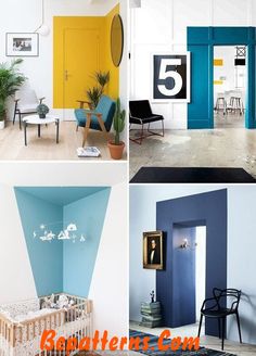 four different rooms with blue, yellow and white walls in them are shown here is a baby's crib next to the door