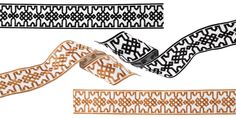 three different types of ribbon on a white background with black and orange designs in the middle