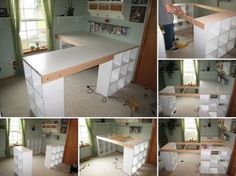 a white counter top sitting under a window in a kitchen