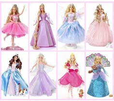 there are many barbie dolls in different dresses