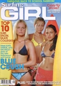 a magazine cover with three women in bikinis and one is holding a surfboard