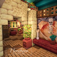 the interior of a minecraft living room with an image of a cat on the wall