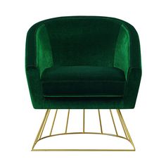 a green chair with gold frame and legs