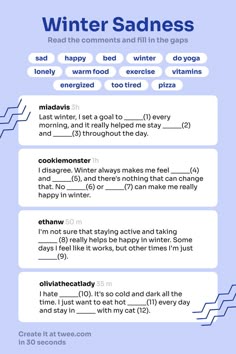 Encourage ESL students to reflect on self-care and winter routines with this fun "fill-in-the-gaps" activity. Foster discussions and vocabulary building while helping them connect with relatable themes. Perfect for A2 learners! Follow the link to download a lesson plan about winter routines! #WinterESL #CreativeTeaching #ESLActivities #InteractiveLearning #WinterVocabulary #TeachingEnglish #ESLLessonIdeas Winter Worksheet, Vocabulary Lessons, Vocabulary Building, Creative Teaching