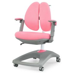 a pink and grey office chair with wheels on the back, against a white background