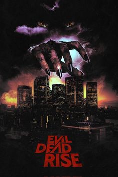 the evil dead rise movie poster with two hands reaching for each other in front of a city skyline