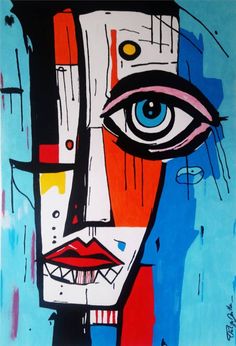 an abstract painting with blue eyes and red, white, and black lines on it