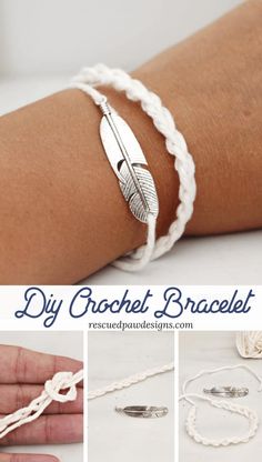 the diy crochet bracelet is made with white thread