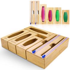 a wooden box filled with different colored vases next to other boxes and tools for making vases