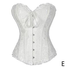 Brocade Sweetheart Corset A sexy and versatile bustier corset top in elegant patterned satin with a ribboned bow at the front and a laced-up back panel. Experiment with wearing alone or layering as part of an outift. An essential basic for your Gothic wardrobe.. Material: Linen. Feminine Underbust Corset With Built-in Bra, Elegant Underbust Corset With Lace Trim, Satin Corset Dress With Underwire, White Fitted Corset With Lace-up Back, Fitted Satin Corset Dress In Coquette Style, Elegant Lace Bodice With Corset Back, Lace Bodice With Boning, Elegant Lace Trim Bodice With Sweetheart Neckline, Fitted Lace Trim Corset For Parties