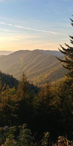 the sun shines on mountains in the distance with trees and bushes around them at sunset